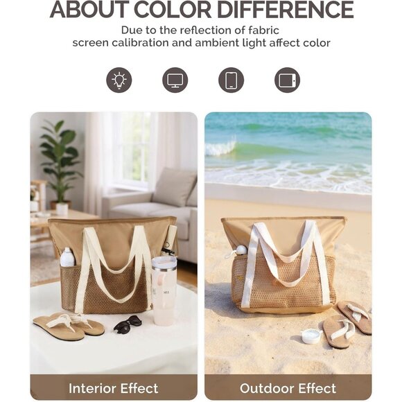 Women Khaki Beach Bag Large Waterproof Sandproof Foldable Tote With Zipper Mesh - Picture 8 of 8